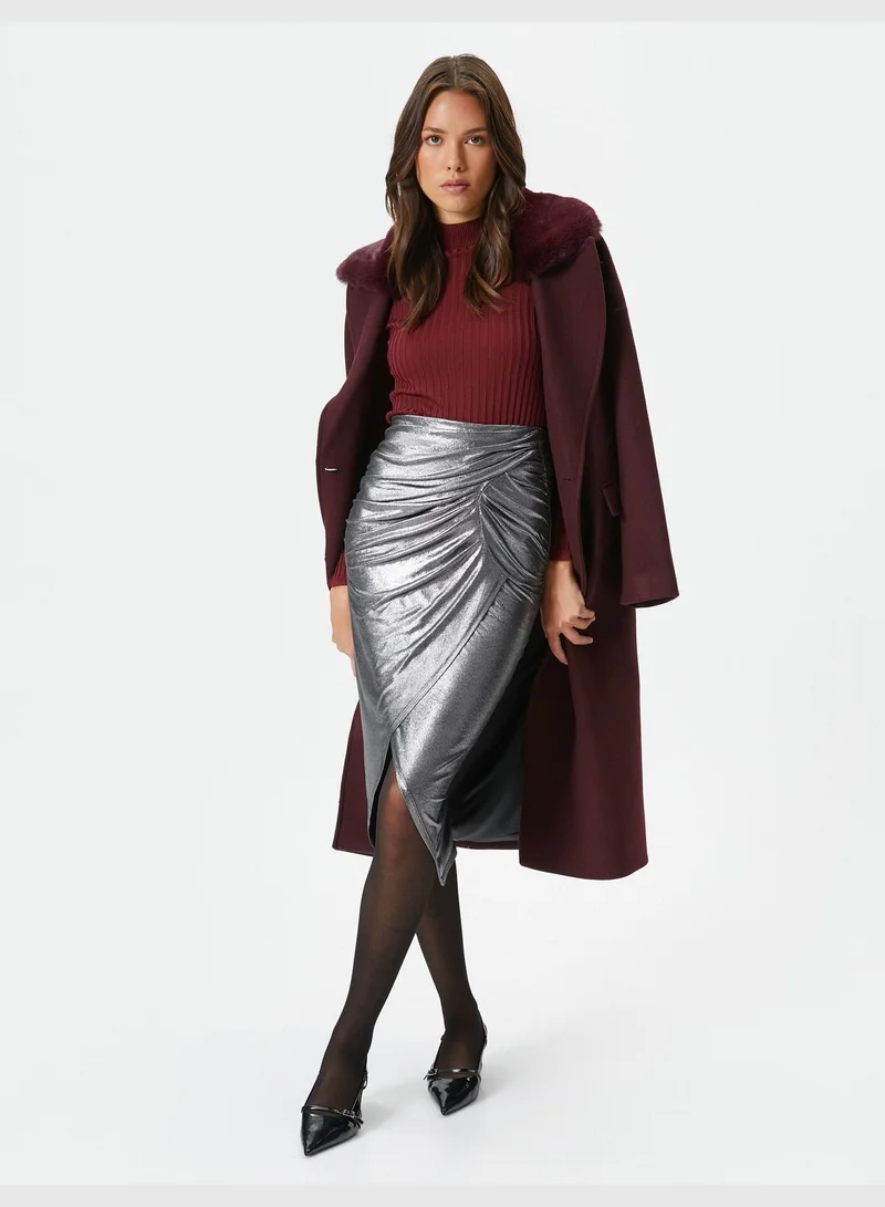 KOTON Gleamy Foil Printed Midi Skirt Slit and Draped Detail