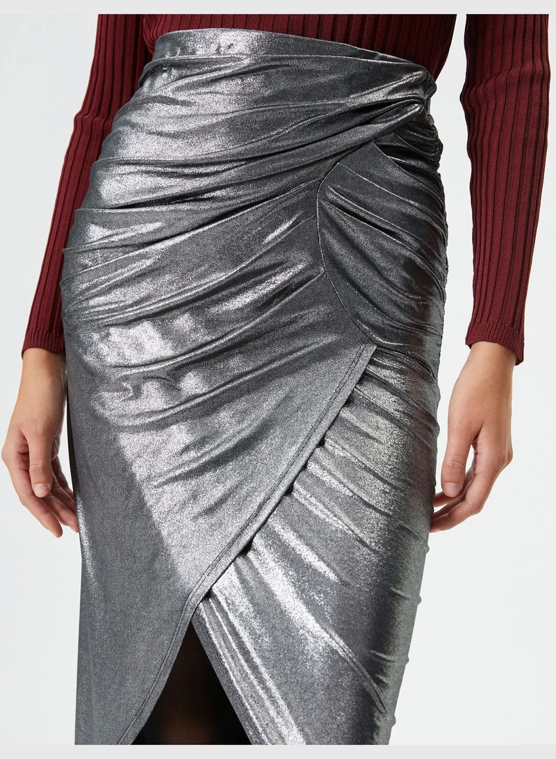 KOTON Gleamy Foil Printed Midi Skirt Slit and Draped Detail