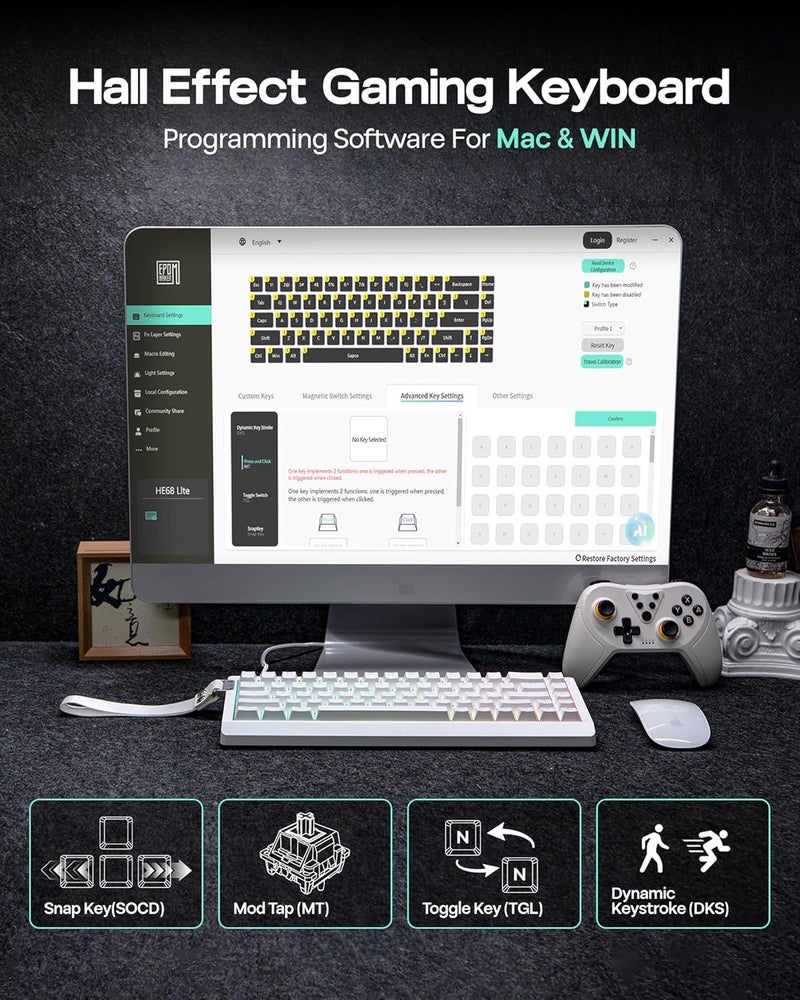 EPOMAKER HE68 Lite Hall Effect Gaming Keyboard, 8k Polling & 128K Scan Rate, 0.005mm Adjustable Trigger, 0.125ms Latency, 5-Layer Sound-Dampened, Snap Key, SOCD, A-RGB, Wired, Mac Software (White) - Image 4