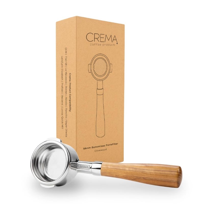 Crema Coffee Products 58mm Bottomless Naked Portafilter Compatible with 58mm Breville Machines Includes Double Shot Filter Basket Olivewood
