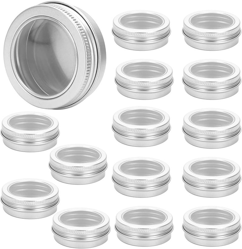 CTKcom 1 Ounce Metal Tin Cans Round Empty Containers with Clear Window Screw Lid Silver Aluminum Can Sample Containers Cosmetic Lip Balm Containers for DIY Salves Candles Candies Crafts,15 Pack