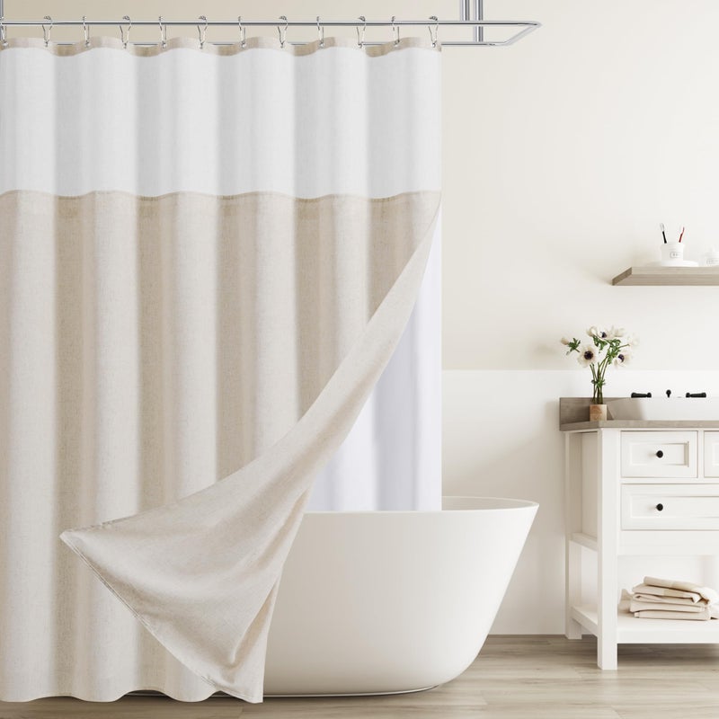 Naturoom Beige Linen Shower Curtain with Snap in Liner Set Rustic Farmhouse Shower Curtains for Bathroom 200GSM Textured Cream Burlap Cloth Double Bath Curtains with See Through Top Window 72x72 - Image 2