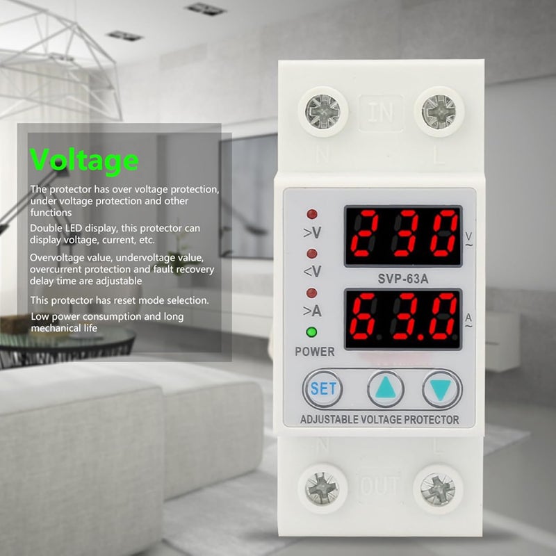 Wal front Double LED Display Single Phase Adjustable Voltage Current Protector Voltage Protective Device AC230V 63A x 36 x 60mm - Image 5