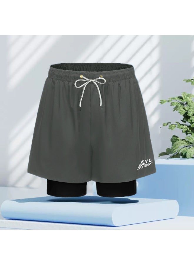 إسكدنيا سراويل السباحة للرجال ربيع حار مضادة للإحراج سراويل سباحة فضفاضة 2024 سراويل شاطئ وهمية من قطعتين معدات السباحة للرجال - اللون: رمادي - - Image 1