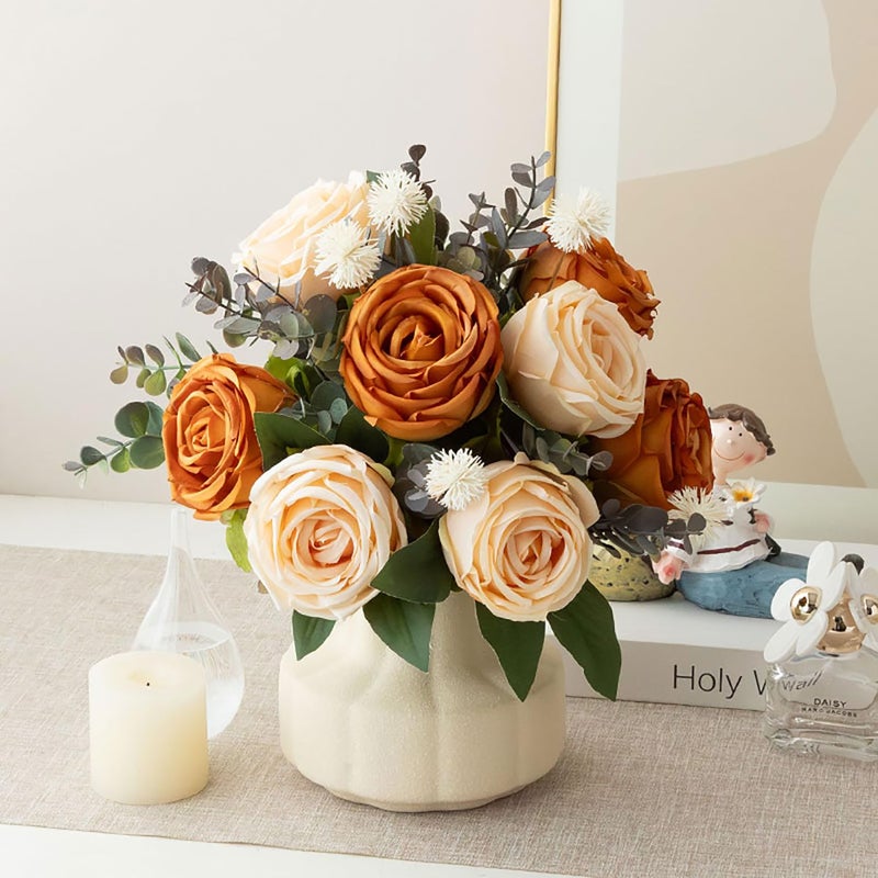 NAWEIDA Silk Roses Artificial Flowers in VaseFake Flowers with VaseFaux Flower Arrangement with Vase for Home Office Decoration Dining Table Centerpiece