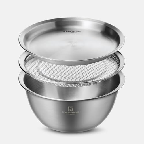 WAGENSTEIGER 3-Piece Stainless Steel Mixing Bowl Set with Strainer & Oil Drain Tray – Nesting Prep & Baking Bowls with Measurement Marks (9.45 in) - Image 1