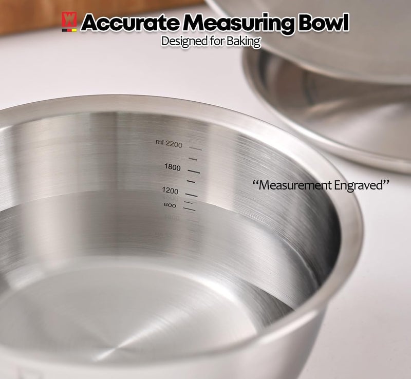 WAGENSTEIGER 3-Piece Stainless Steel Mixing Bowl Set with Strainer & Oil Drain Tray – Nesting Prep & Baking Bowls with Measurement Marks (9.45 in) - Image 5