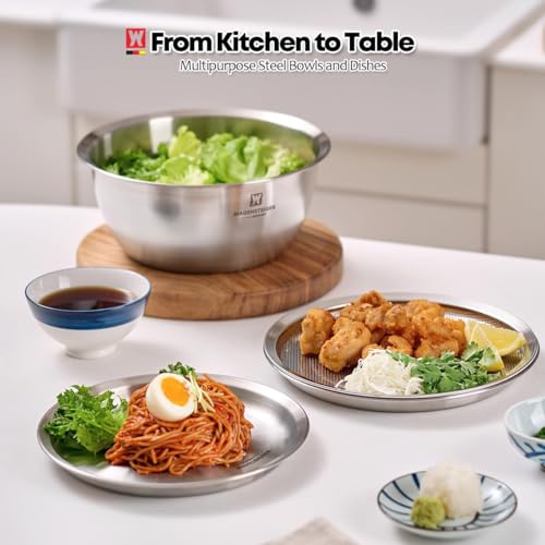 WAGENSTEIGER 3-Piece Stainless Steel Mixing Bowl Set with Strainer & Oil Drain Tray – Nesting Prep & Baking Bowls with Measurement Marks (9.45 in) - Image 4
