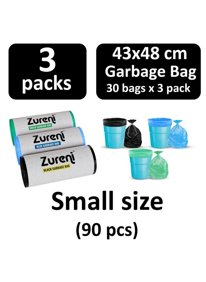 Zureni Zureni Garbage Dustbin Bags (Small, 43 x 48 cm or 17" x 19") Drawstring Anti-drip Trash Waste Basket Bag for Kitchen Office Warehouse Pantry (Black, Green, Blue, 3 x 30 Pcs/Roll) - Image 2
