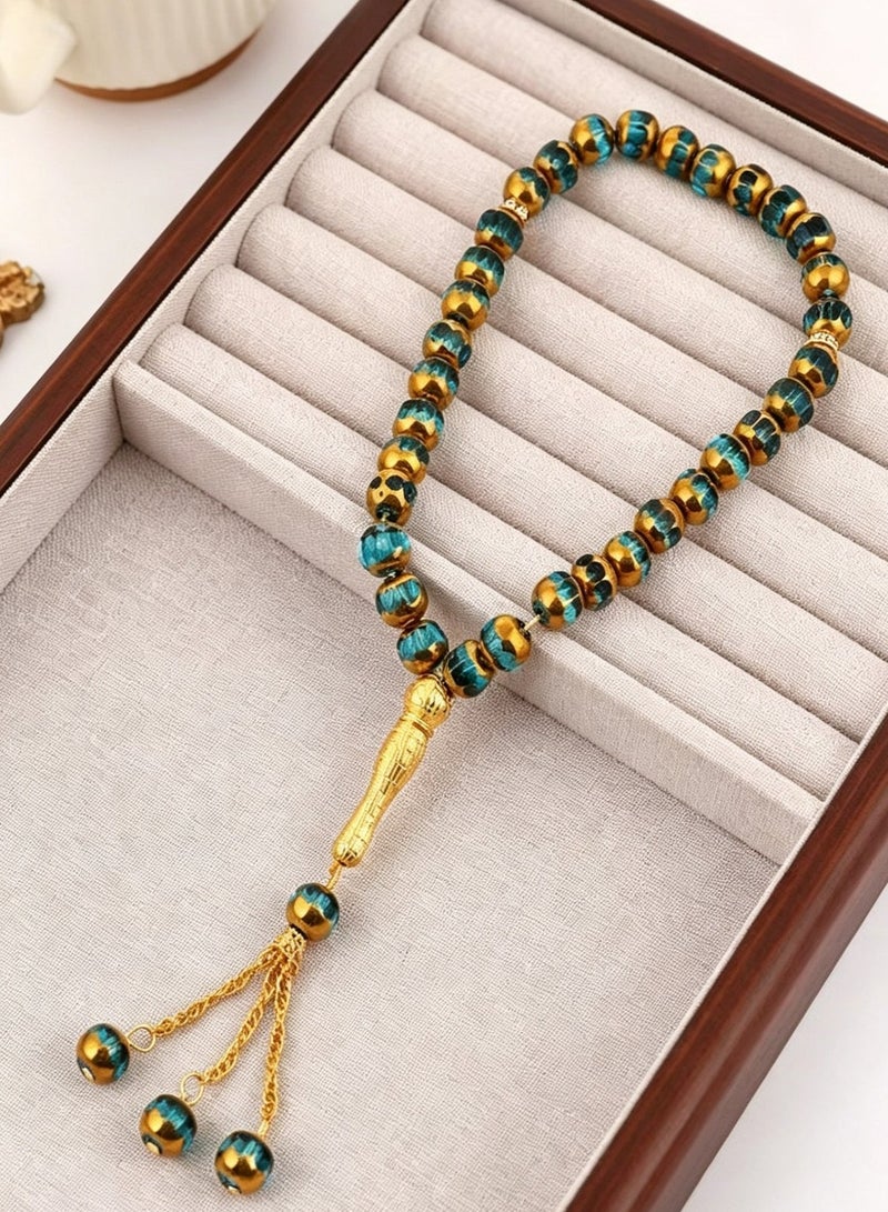 اسم المحتوى ناريلا مسبحة تسبيح إسلامية مطلية بالذهب بالمينا الأزرق والأخضر 33 حبة أسطوانية بلون متناقض عتيق، مسبحة مسلمة بشرابة معدنية ثلاثية للصلاة - Image 5