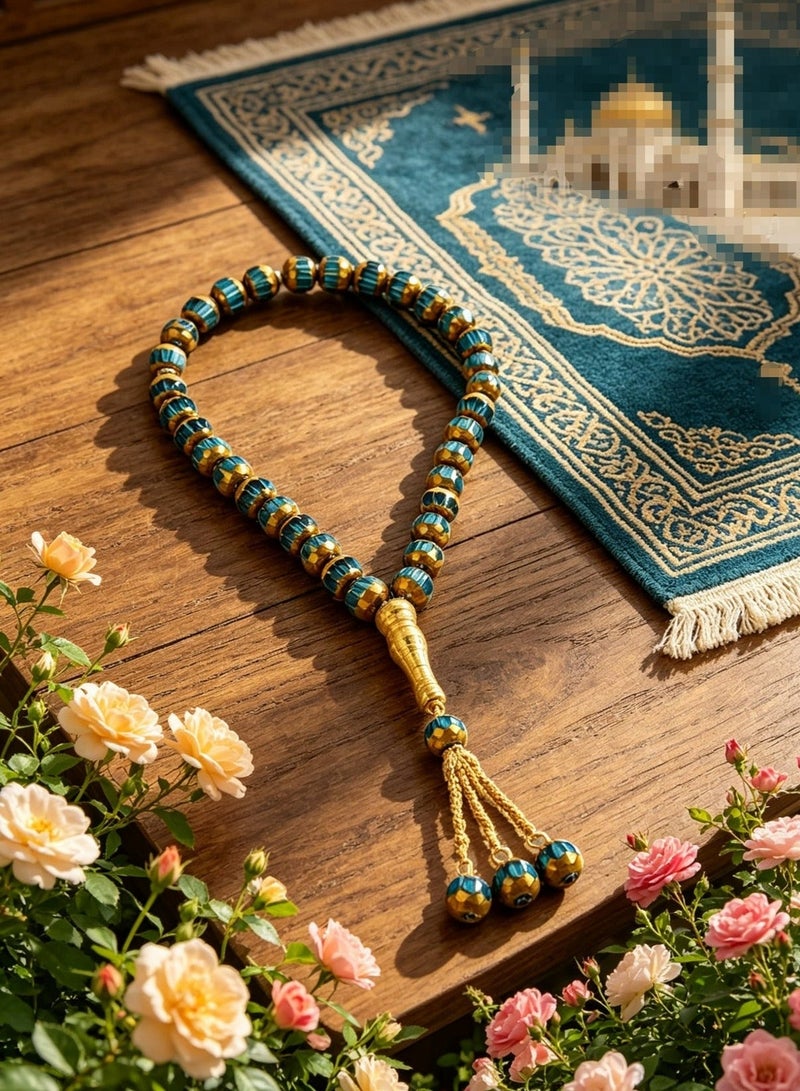 اسم المحتوى ناريلا مسبحة تسبيح إسلامية مطلية بالذهب بالمينا الأزرق والأخضر 33 حبة أسطوانية بلون متناقض عتيق، مسبحة مسلمة بشرابة معدنية ثلاثية للصلاة - Image 1
