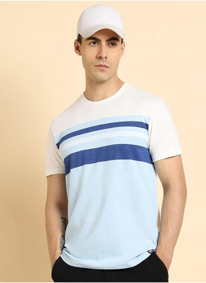 Dennis Lingo Blue Striped Regular Fit Crew Neck T-shirt for Men - 100% Cotton, Half Sleeves, Casual