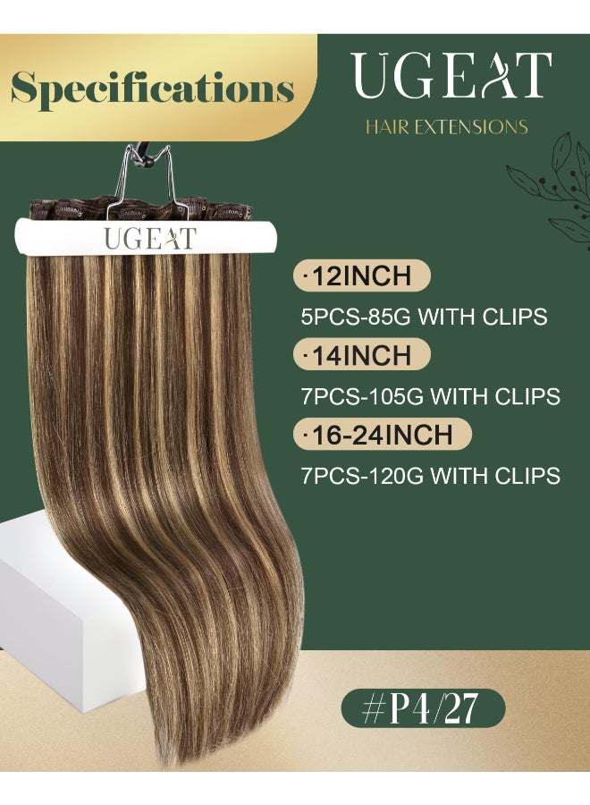 Ugeat Clip in Hair Extensions Real Human Hair Brown Human Hair Extensions Clip ins Chocolate Brown Highlights Caramel Blonde Hair Clip on Extensions 7pcs 120g 20 Inch - Image 4