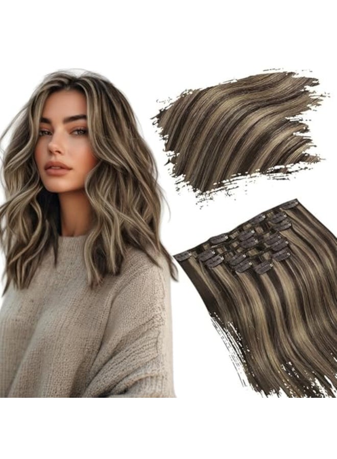 Ugeat Clip in Hair Extensions Real Human Hair Brown Human Hair Extensions Clip ins Chocolate Brown Highlights Caramel Blonde Hair Clip on Extensions 7pcs 120g 20 Inch - Image 1