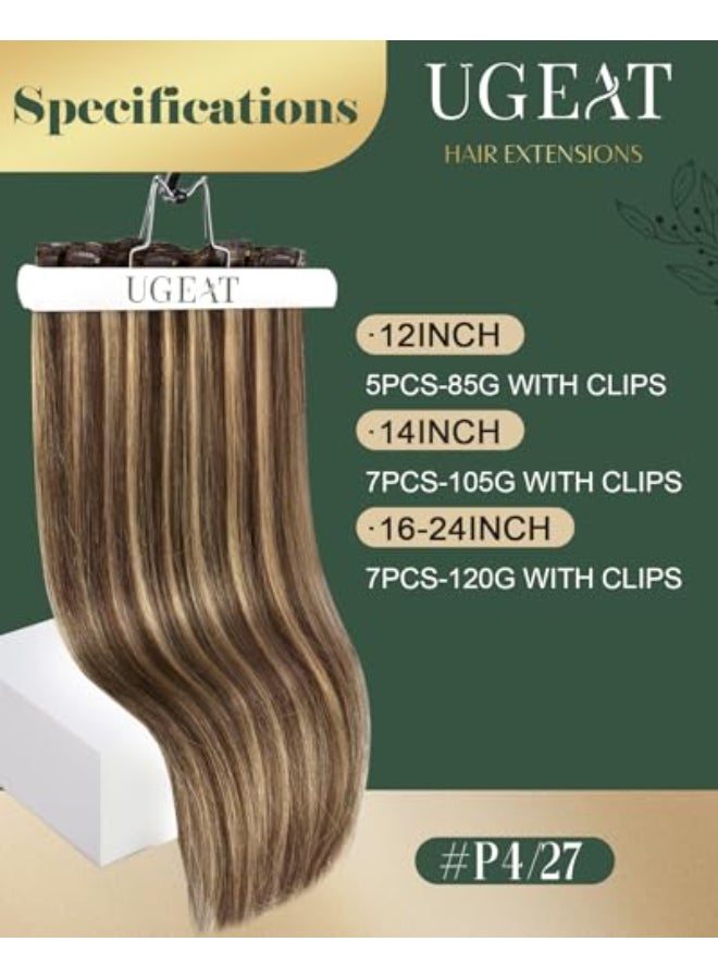 Ugeat Clip in Hair Extensions Real Human Hair Brown Human Hair Extensions Clip ins Chocolate Brown Highlights Caramel Blonde Hair Clip on Extensions 7pcs 120g 20 Inch - Image 3
