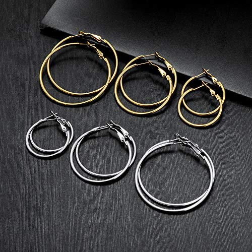 Cuicanstar 6 Pairs Gold Silver Plated Hoop Earrings for Women, Hypoallergenic Stainless Steel Gold Hoops Silver Hoop Earrings Set, Lightweight Large Small Hoops Women Earrings Loop Earrings Set - Image 4