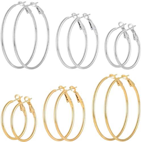 Cuicanstar 6 Pairs Gold Silver Plated Hoop Earrings for Women, Hypoallergenic Stainless Steel Gold Hoops Silver Hoop Earrings Set, Lightweight Large Small Hoops Women Earrings Loop Earrings Set - Image 1