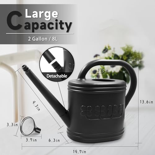 Giftsfaloy 2 Gallon Watering Can Outdoor Watering Can for Plants Garden Water Can with Removable Long Spout and Stainless Steel Sprinkler Head Large Water Can for Greenhouse Black 2 Gallon - Image 3
