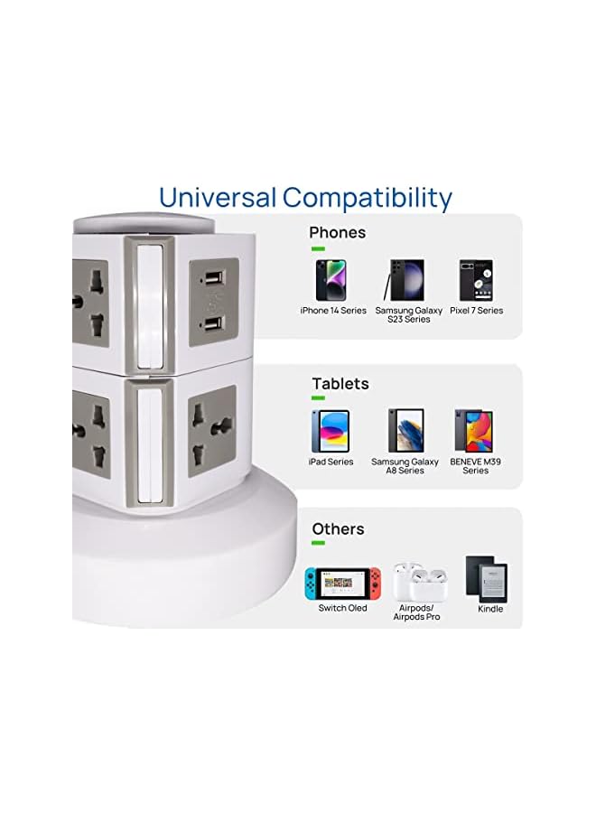 promass Universal Vertical Tower Power Strip, Multi Socket(110V-250V) with 2 USB Ports, Electric Charging Station Surge Protector, suitable for any country (Two layer) - Image 3