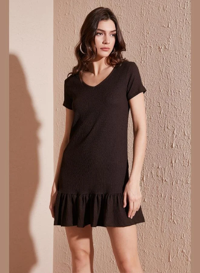 Lela Lela Regular Fit Ruffled V-Neck Crinkle Mini Dress Women's Dress 5865071