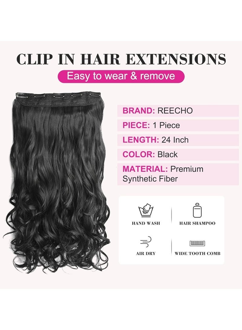 Clip in Black Hair Extensions for Women, Thick Double Weft Wavy Soft Hair & Blends Well Long Hairpieces(24inch, Natural Black) - Image 2