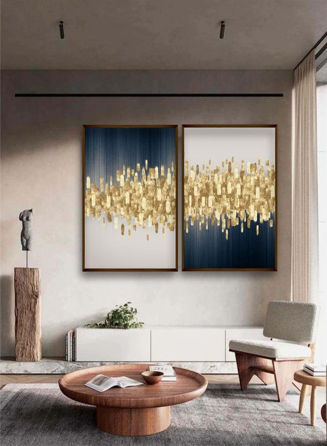 Artsense Set of 2 Luxurious Gold and Blue Abstract Canvas Paintings - Modern Elegance, 20x30 Inches Each (50.8x76.2 cm), Framed Artwork for Contemporary Decor - Image 1