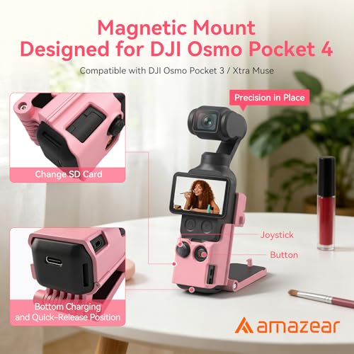 AMAZEAR Magnetic Mount Stand Compatible with DJI Osmo Pocket 4/3/Xtra Muse, Pocket4 Accessories Adapter Clamp Magnet Suction Case Holder on Desktop/Vertical Surface, 180° Adjustable Handle, Pink - Image 2