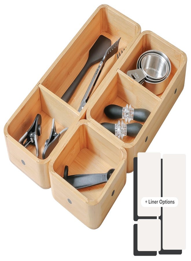 KitchenEdge Modular Drawer Organizer Set - Kitchen Edge Storage with 3 Containers & 5 Compartments, Magnetic with Removable Inserts, Stackable, Rubber Liners & Non-Slip Base, 9in x 13.5in x 2.4in, 100% Bamboo - Image 1