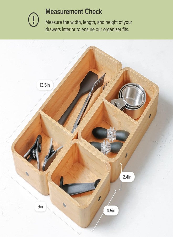 KitchenEdge Modular Drawer Organizer Set - Kitchen Edge Storage with 3 Containers & 5 Compartments, Magnetic with Removable Inserts, Stackable, Rubber Liners & Non-Slip Base, 9in x 13.5in x 2.4in, 100% Bamboo - Image 4