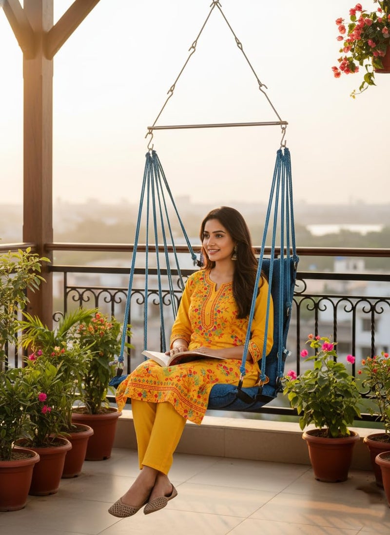 Patiofy Jhula/Hanging Chair For Balcony/Hammock Swing For Adults/Swing For Adults For Home/Swing For Balcony/Unjal For Home Adults/Weight Capacity Upto 150Kgs (Blue) By Patiofy - Cotton - Image 1