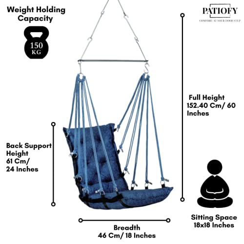 Patiofy Jhula/Hanging Chair For Balcony/Hammock Swing For Adults/Swing For Adults For Home/Swing For Balcony/Unjal For Home Adults/Weight Capacity Upto 150Kgs (Blue) By Patiofy - Cotton - Image 4