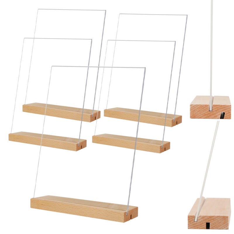 TONICE 8.5 x 11 Acrylic Sign Holder with Wood Base 5 Pack L/T Shape Vertical or Slant Back Display for Wedding, Restaurant, Store, Office, Hotel - Image 1