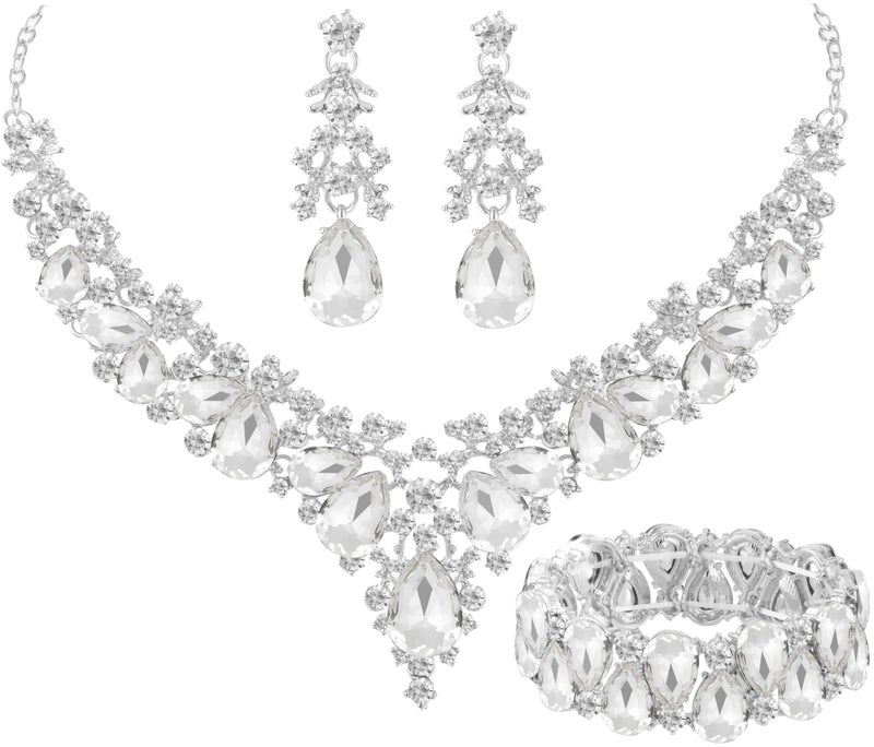 Paxuan Elegant Bridal Wedding Jewelry Set for Women / Brides / Bridesmaids Teardrop Crystal Leaf Cluster Jewelry Set for Wedding Prom Party Bridal Bridesmaids Rhinestone Crystal Necklace Earrings Bracelet Set (White(Silver)) - Image 1