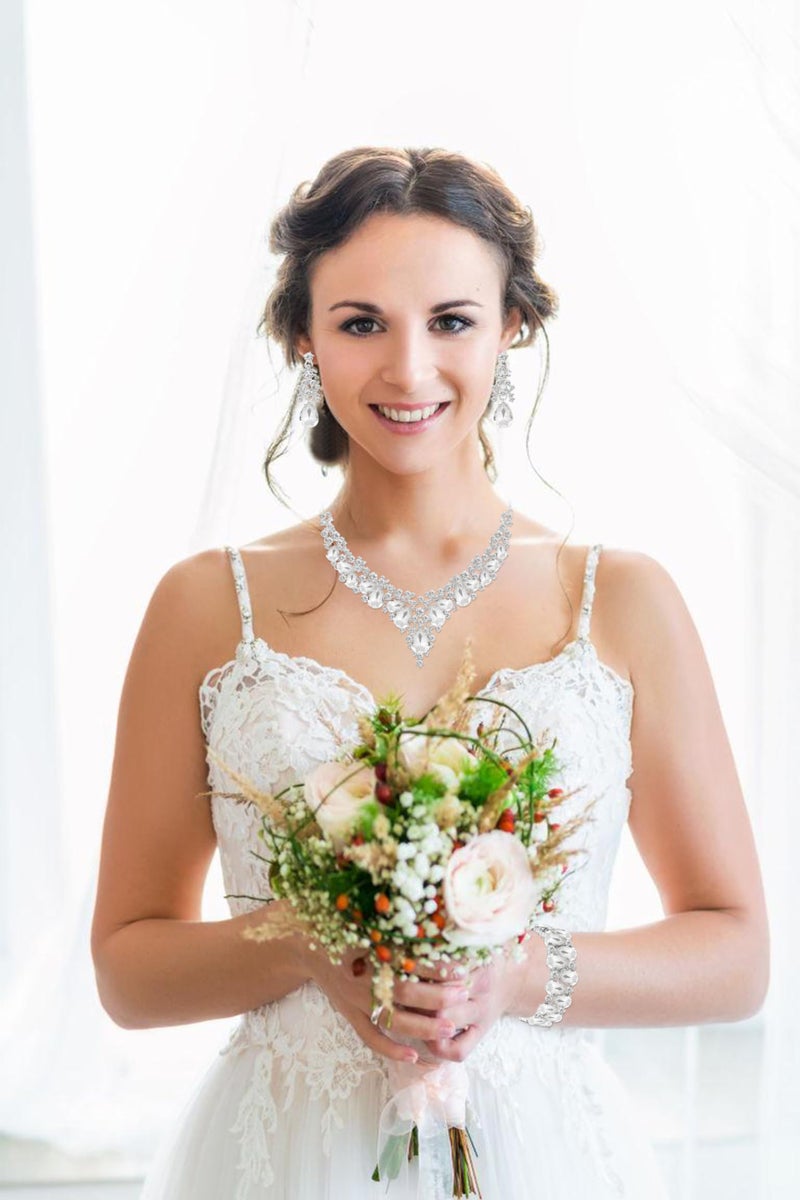 Paxuan Elegant Bridal Wedding Jewelry Set for Women / Brides / Bridesmaids Teardrop Crystal Leaf Cluster Jewelry Set for Wedding Prom Party Bridal Bridesmaids Rhinestone Crystal Necklace Earrings Bracelet Set (White(Silver)) - Image 2