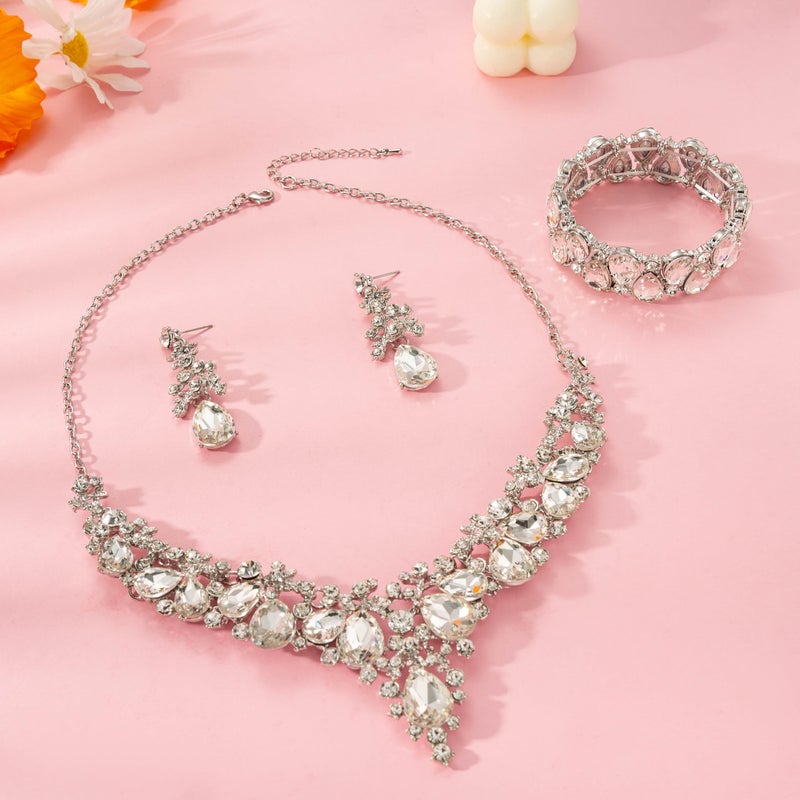 Paxuan Elegant Bridal Wedding Jewelry Set for Women / Brides / Bridesmaids Teardrop Crystal Leaf Cluster Jewelry Set for Wedding Prom Party Bridal Bridesmaids Rhinestone Crystal Necklace Earrings Bracelet Set (White(Silver)) - Image 5