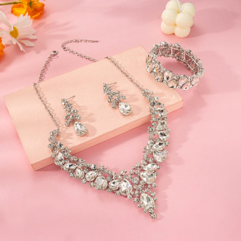 Paxuan Elegant Bridal Wedding Jewelry Set for Women / Brides / Bridesmaids Teardrop Crystal Leaf Cluster Jewelry Set for Wedding Prom Party Bridal Bridesmaids Rhinestone Crystal Necklace Earrings Bracelet Set (White(Silver)) - Image 4