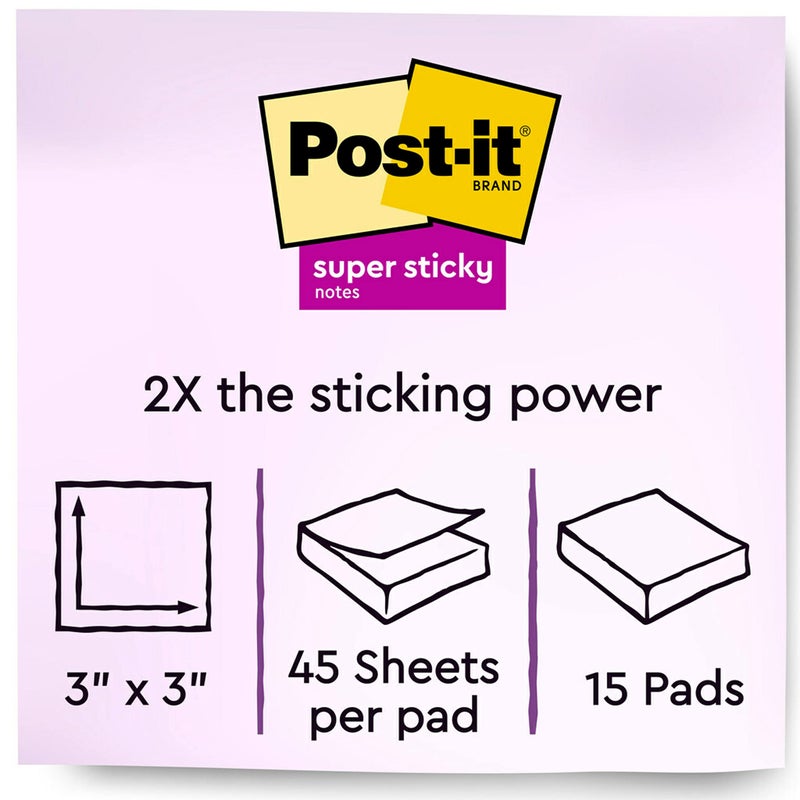 Post-it Super Sticky Notes, Assorted Bright Colors, 3x3 in, 15 Pads/Pack, 45 Sheets/Pad, 2X The Sticking Power, Recyclable, Multi-Color - Image 3