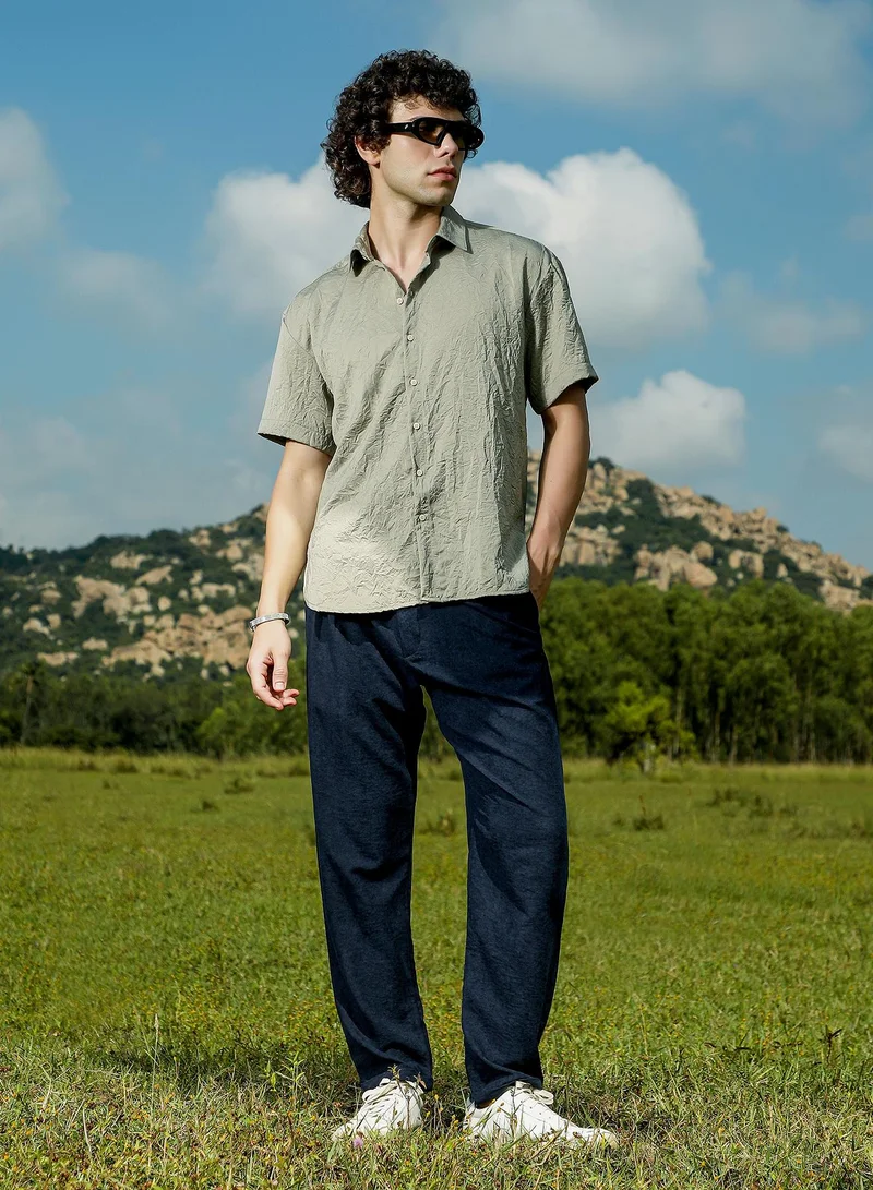 Campus Sutra Men's Sage Green Crumple-Tactile Shirt