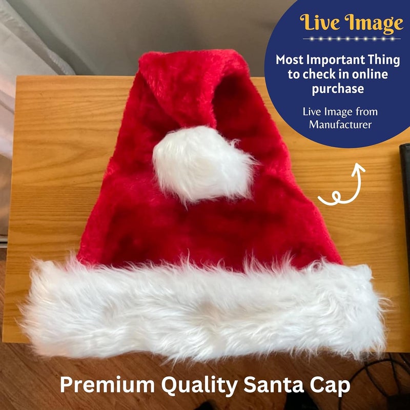 Indian Karigar Santa Cap Plush Fur Christmas Cap Unisex Santa Hat for Adult Kids Comfortable Soft Free Size Santa Clause Hat Cap Christmas Decorations Items Christmas Decor Santa Caps Set of 1 Red - Image 2