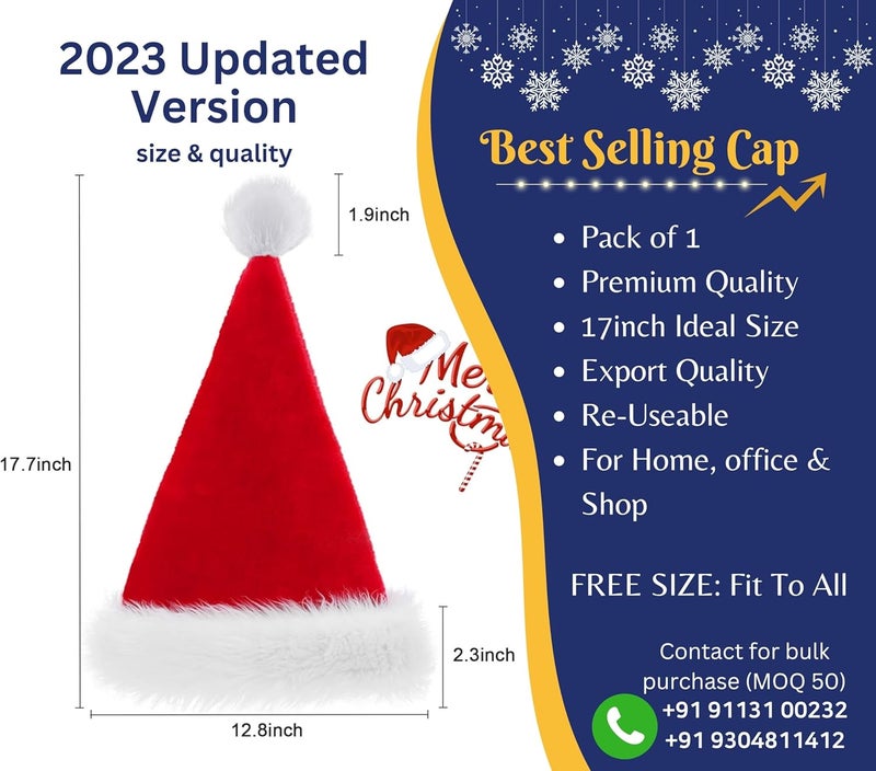 Indian Karigar Santa Cap Plush Fur Christmas Cap Unisex Santa Hat for Adult Kids Comfortable Soft Free Size Santa Clause Hat Cap Christmas Decorations Items Christmas Decor Santa Caps Set of 1 Red - Image 5