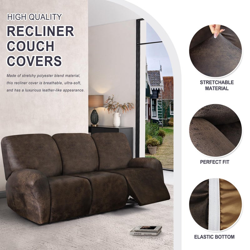 ANARACHON Leather Look Recliner Couch Cover, 8-Pieces Stretch Recliner Sofa Covers, Soft Reclining Slipcover, Washable Furniture Protector for Pets (3 Seater, Brown) - Image 5
