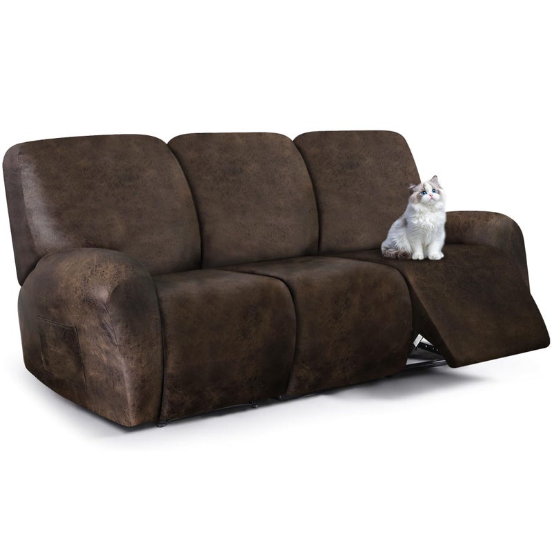ANARACHON Leather Look Recliner Couch Cover, 8-Pieces Stretch Recliner Sofa Covers, Soft Reclining Slipcover, Washable Furniture Protector for Pets (3 Seater, Brown) - Image 1