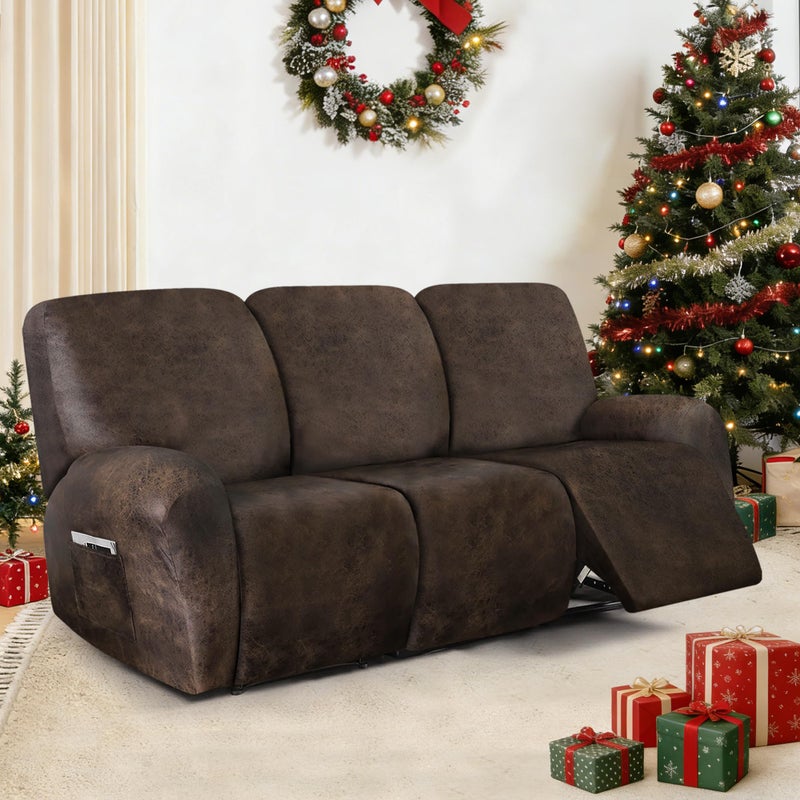 ANARACHON Leather Look Recliner Couch Cover, 8-Pieces Stretch Recliner Sofa Covers, Soft Reclining Slipcover, Washable Furniture Protector for Pets (3 Seater, Brown) - Image 2