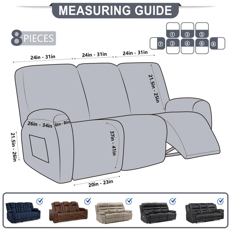 ANARACHON Leather Look Recliner Couch Cover, 8-Pieces Stretch Recliner Sofa Covers, Soft Reclining Slipcover, Washable Furniture Protector for Pets (3 Seater, Brown) - Image 3