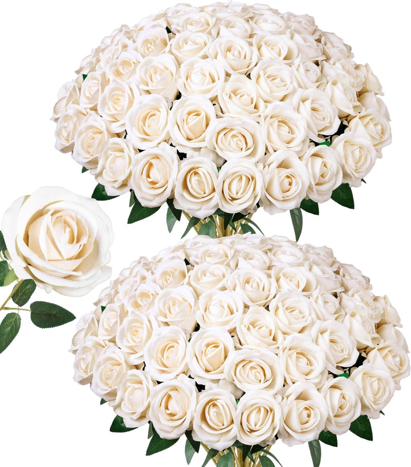 HyeFlora 50 PCS Champagne Roses Artificial Flowers, Fake Roses with Stem Realistic Silk Rose for DIY Wedding Bouquets Table Centerpieces Arrangements Baby Shower Birthday Home Decor Valentines Day Gift for Her - Image 1