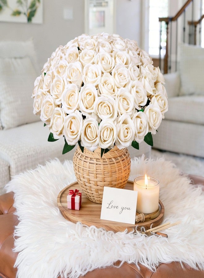 HyeFlora 50 PCS Champagne Roses Artificial Flowers, Fake Roses with Stem Realistic Silk Rose for DIY Wedding Bouquets Table Centerpieces Arrangements Baby Shower Birthday Home Decor Valentines Day Gift for Her - Image 2