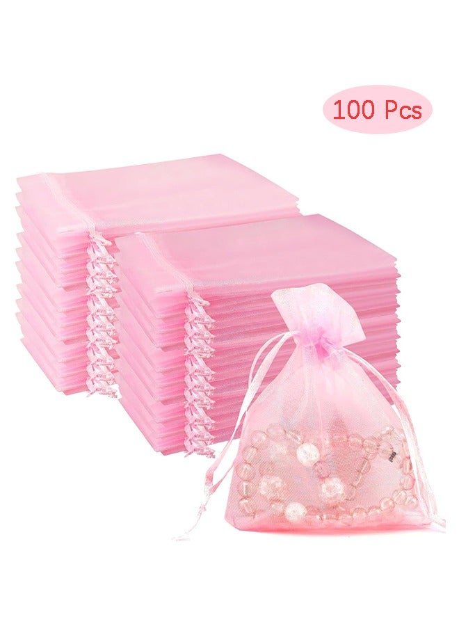 100 Pcs Pink Organza Bags,Gift Bags,Wedding Favor Bags,Jewelry Bags Drawstring,Small Mesh Gift Bags, Meash Gift Pouch,Mesh Organizer Bags,Mini Candy Bags for Party Favors (4 x 4.7 Inch) - Image 1