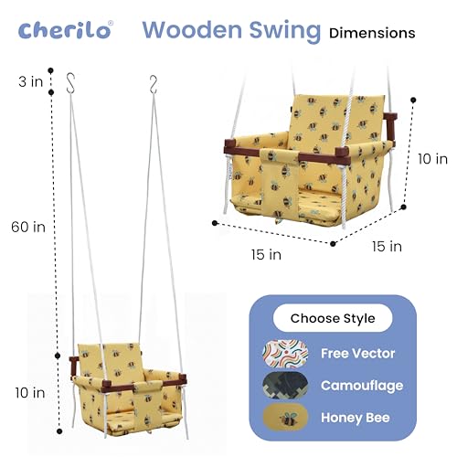 Cherilo Wooden Swing for Kids 6 Months to 5 Years | Indoor Outdoor Hanging Jhula for Kids | Comfortable & Safe Swing with 2 Cushions and Safety Belt | Strong Wooden Frame Swing for Baby - Honey Bee - Image 5