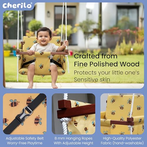 Cherilo Wooden Swing for Kids 6 Months to 5 Years | Indoor Outdoor Hanging Jhula for Kids | Comfortable & Safe Swing with 2 Cushions and Safety Belt | Strong Wooden Frame Swing for Baby - Honey Bee - Image 2