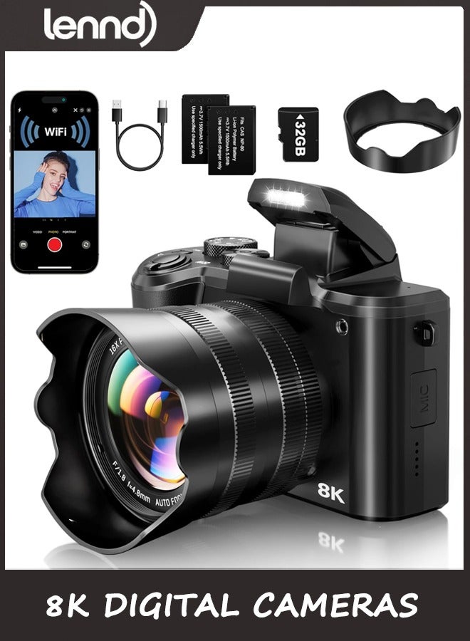 LENND 8K Digital Cameras for Photography - Autofocus 88MP WiFi Vlogging Camera for YouTube with Dual-Lens - 16X Digital Zoom Vlog Camera with Lens Hood, Flash, Touch Screen, 2 Batteries, 32GB TF Card - Image 1